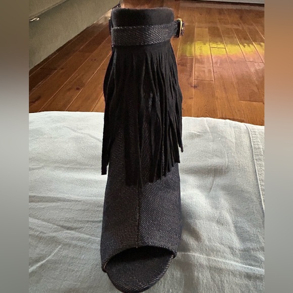 Luichiny Navy Denim Open Toe Shootie with Fringes - Picture 2 of 6